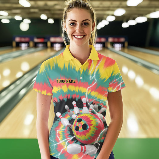 Custom Colorful Tie Dye Bowling Polo Shirts For Women, Rainbow Bowling Outfit IPHW9115