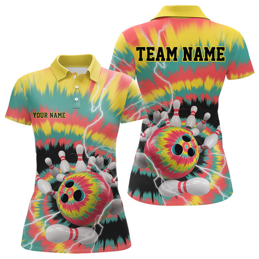 Custom Colorful Tie Dye Bowling Polo Shirts For Women, Rainbow Bowling Outfit IPHW9115