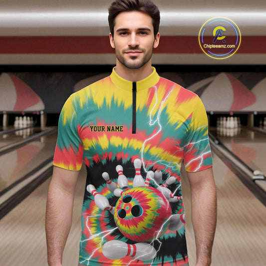 Custom Colorful Tie Dye Bowling Quarter-Zip Shirts For Men, Rainbow Bowling Outfit IPHW9115