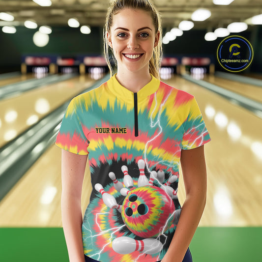 Custom Colorful Tie Dye Bowling Quarter-Zip Shirts For Women, Rainbow Bowling Outfit IPHW9115