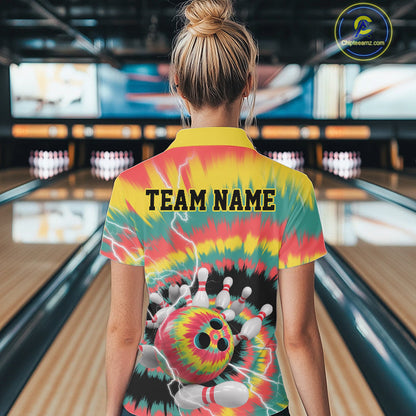 Custom Colorful Tie Dye Bowling Quarter-Zip Shirts For Women, Rainbow Bowling Outfit IPHW9115