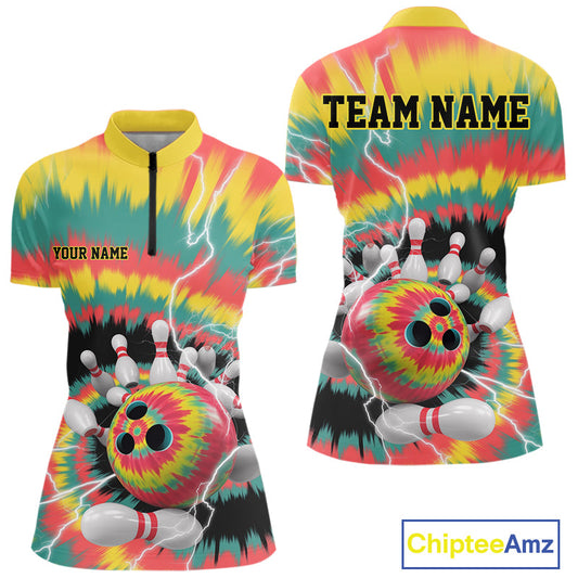 Custom Colorful Tie Dye Bowling Quarter-Zip Shirts For Women, Rainbow Bowling Outfit IPHW9115