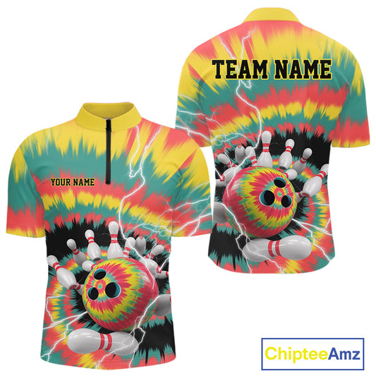 Custom Colorful Tie Dye Bowling Quarter-Zip Shirts For Men, Rainbow Bowling Outfit IPHW9115