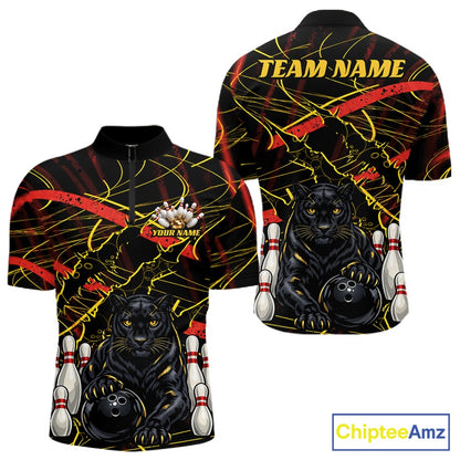 Custom bowling-themed short-sleeve polo shirt shown from both front and back views. The design features a black background with yellow and red abstract lines, a large black panther holding a bowling ball, bowling pins, and customizable text placeholders 'TEAM NAME' and 'YOUR NAME'.