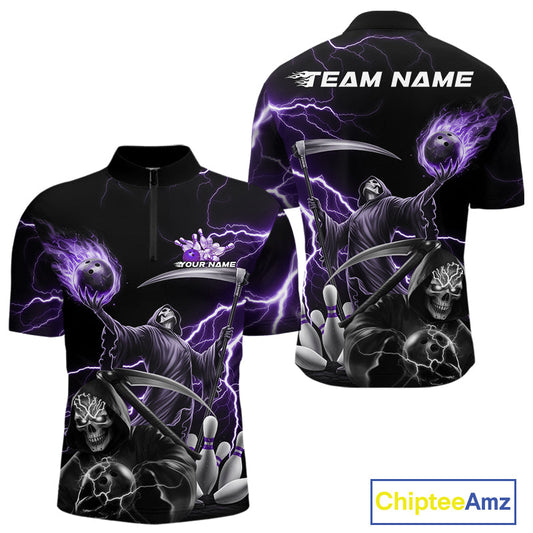 Custom Purple Lightning Grim Reaper Skull Bowling Men Quarter-Zip Shirt, Halloween Outfit IPHW9849
