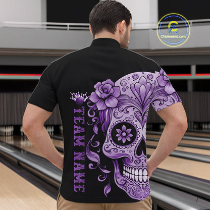 Purple Sugar Skull Tattoo Custom Men Bowling Quarter-Zip Shirt, Halloween Team Bowling Jerseys IPHW10722