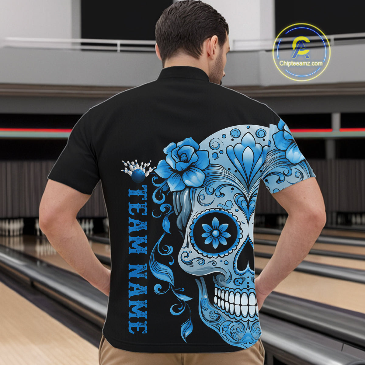 Blue Sugar Skull Tattoo Custom Men Bowling Quarter-Zip Shirt, Halloween Team Bowling Jerseys IPHW10723