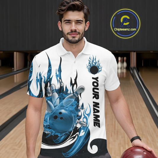 Custom Blue Flame Bowling Team Jerseys, Bowling League Polo Shirt For Men IPHW10725