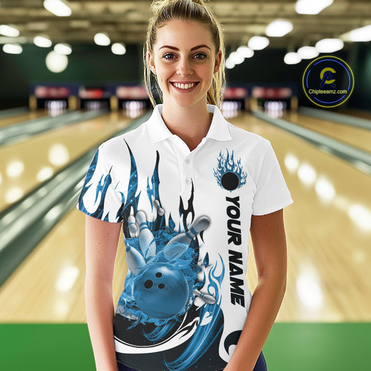 Custom Blue Flame Bowling Team Jerseys, Bowling League Polo Shirt For Women IPHW10725