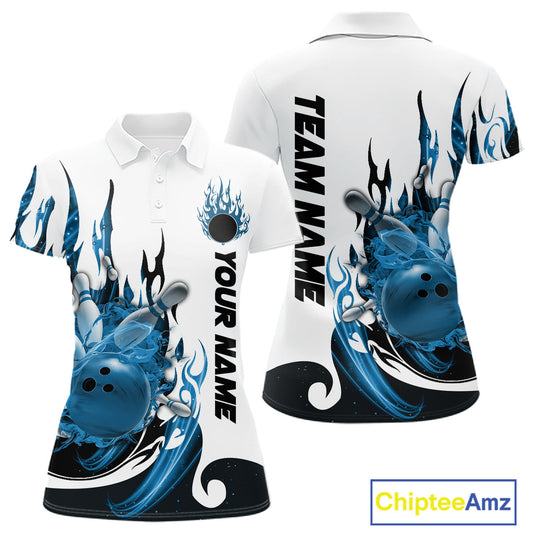 Custom Blue Flame Bowling Team Jerseys, Bowling League Polo Shirt For Women IPHW10725