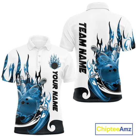 Custom Blue Flame Bowling Team Jerseys, Bowling League Polo Shirt For Men IPHW10725