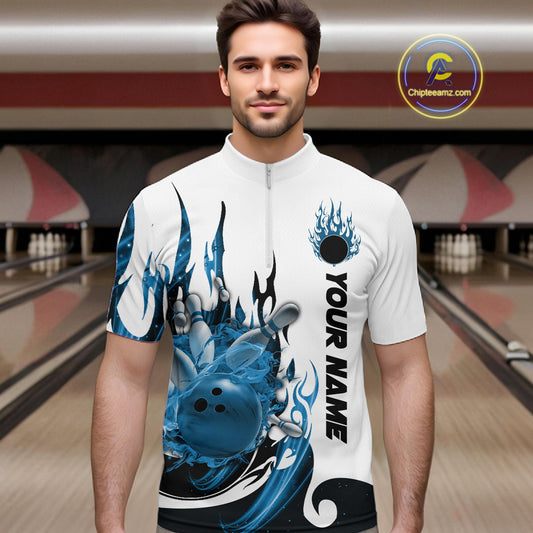 Custom Blue Flame Bowling Team Jerseys, Bowling League Quarter-Zip Shirt For Men IPHW10725