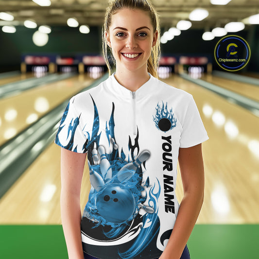 Custom Blue Flame Bowling Team Jerseys, Bowling League Quarter-Zip Shirt For Women IPHW10725