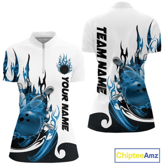 Custom Blue Flame Bowling Team Jerseys, Bowling League Quarter-Zip Shirt For Women IPHW10725
