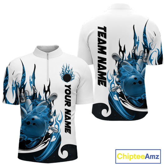 Custom Blue Flame Bowling Team Jerseys, Bowling League Quarter-Zip Shirt For Men IPHW10725