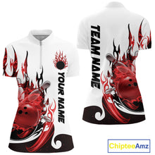Load image into Gallery viewer, Custom Red Flame Bowling Team Jerseys, Bowling League Quarter-Zip Shirt For Women IPHW10727