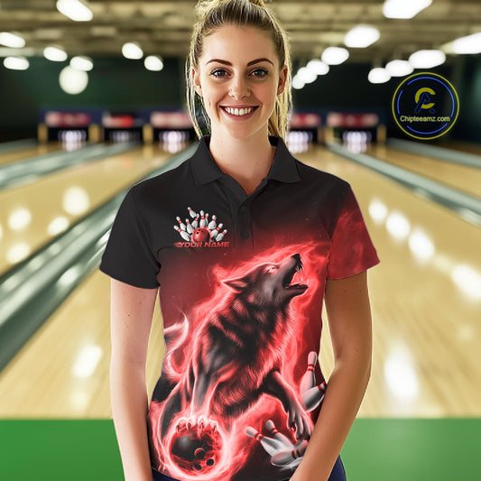 Red Flame Wolf Custom Bowling Team Shirt For Women, Fire Wolf Bowling Jerseys IPHW10735