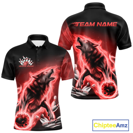Red Flame Wolf Custom Bowling Team Shirt For Men, Fire Wolf Bowling Jerseys IPHW10735