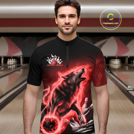 Red Flame Wolf Custom Bowling Team Shirt For Men, Fire Wolf Bowling Jerseys IPHW10735