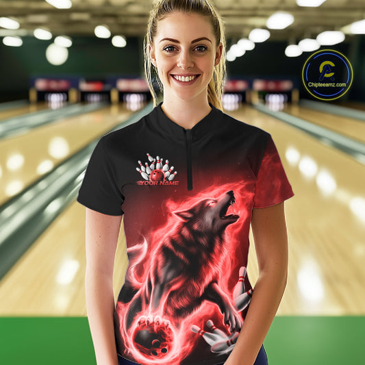 Red Flame Wolf Custom Bowling Team Shirt For Women, Fire Wolf Bowling Jerseys IPHW10735