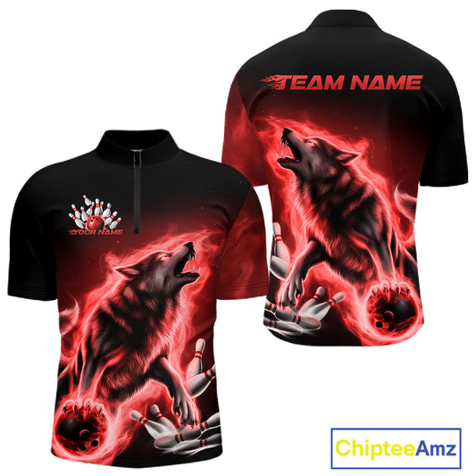 Red Flame Wolf Custom Bowling Team Shirt For Men, Fire Wolf Bowling Jerseys IPHW10735