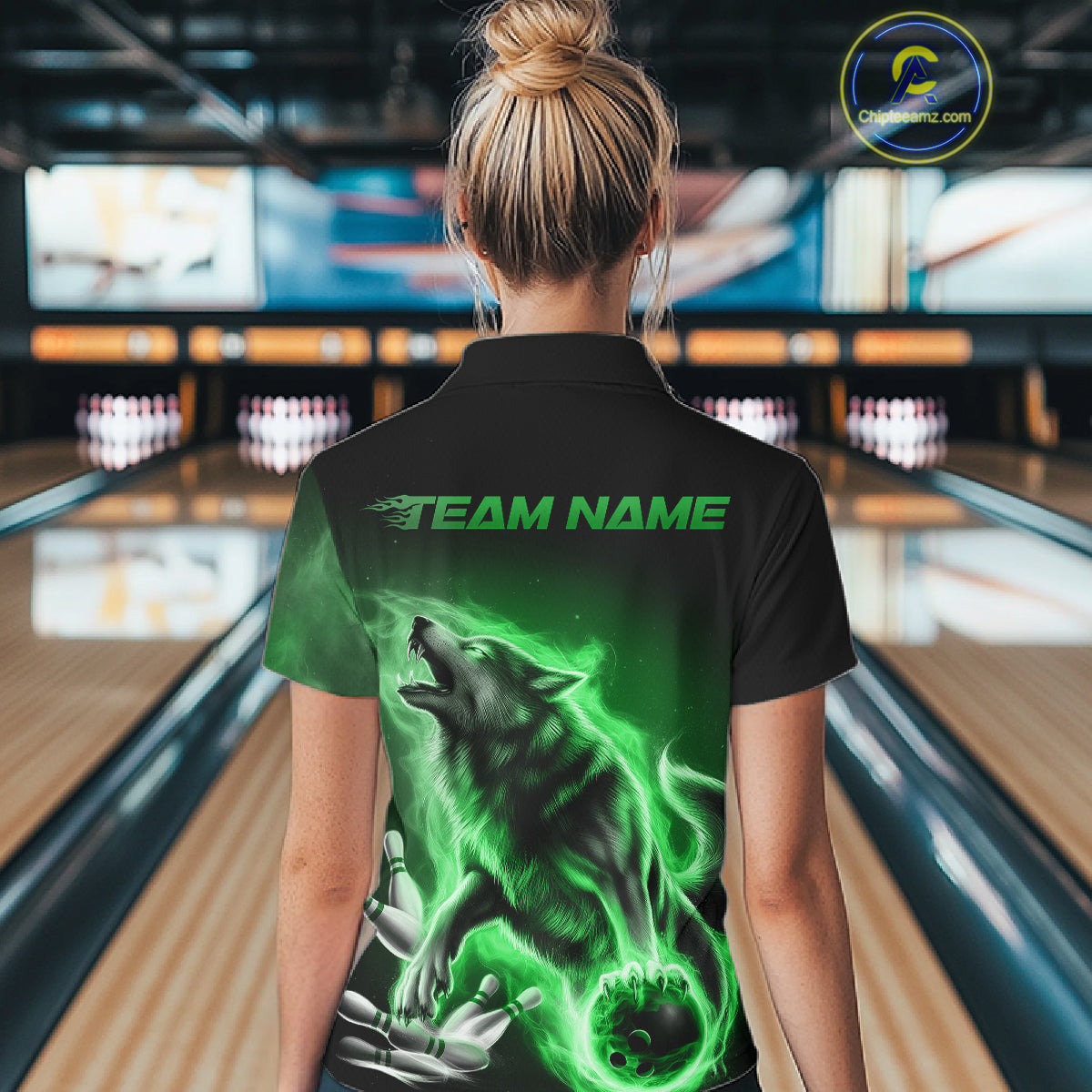 Green Flame Wolf Custom Bowling Team Shirt For Women, Fire Wolf Bowling Jerseys IPHW10736