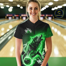 Load image into Gallery viewer, Green Flame Wolf Custom Bowling Team Shirt For Women, Fire Wolf Bowling Jerseys IPHW10736