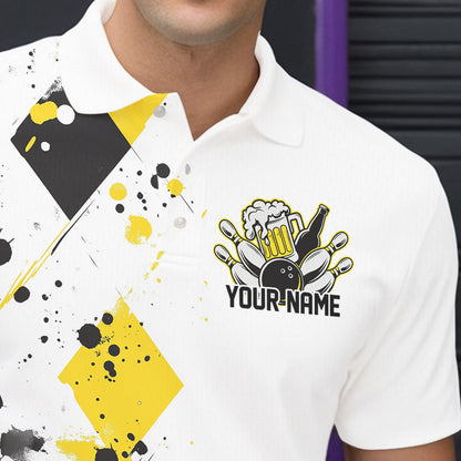 Yellow Argyle Pattern Custom Funny Bowling And Beer Team Polo Shirts For Men IPHW8889
