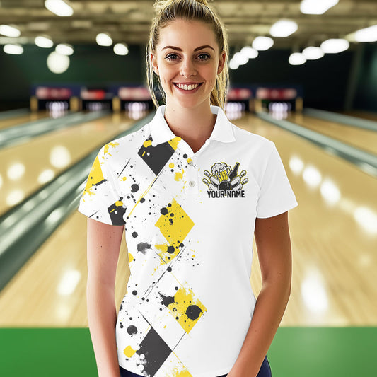 Yellow Argyle Pattern Custom Funny Bowling And Beer Team Polo Shirts For Women IPHW8889