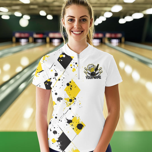 Yellow Argyle Pattern Custom Funny Bowling And Beer Team Quarter-Zip Shirts For Women IPHW8889