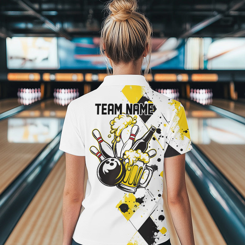 Yellow Argyle Pattern Custom Funny Bowling And Beer Team Quarter-Zip Shirts For Women IPHW8889