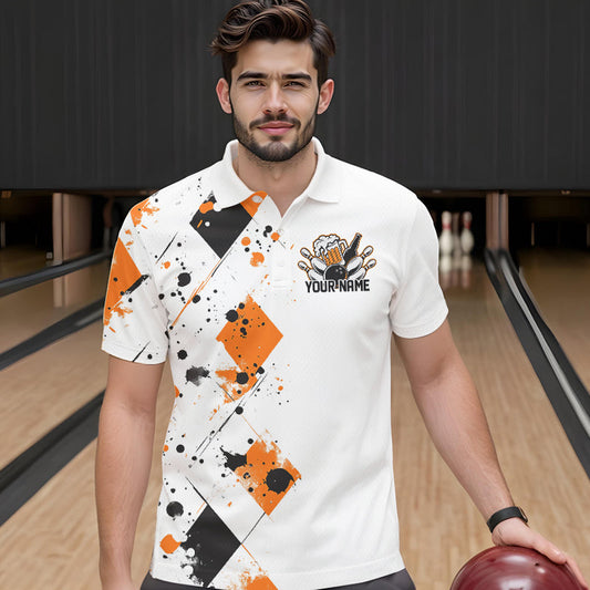 Orange Argyle Pattern Custom Funny Bowling And Beer Team Polo Shirts For Men IPHW8890