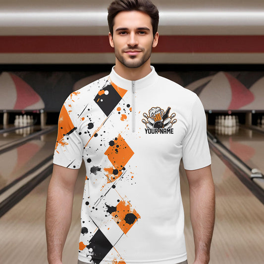 Orange Argyle Pattern Custom Funny Bowling And Beer Team Quarter-Zip Shirts For Men IPHW8890