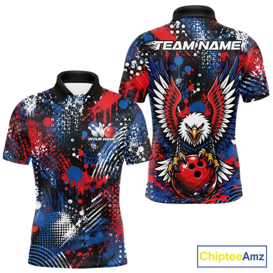 Custom red, white, and blue patriotic eagle bowling polo shirt with paint splatter graphics showing front and back views