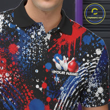 Load image into Gallery viewer, A man wearing a custom red, white, and blue paint splatter patriotic eagle bowling polo shirt with a personalized team name template inside a bowling alley.