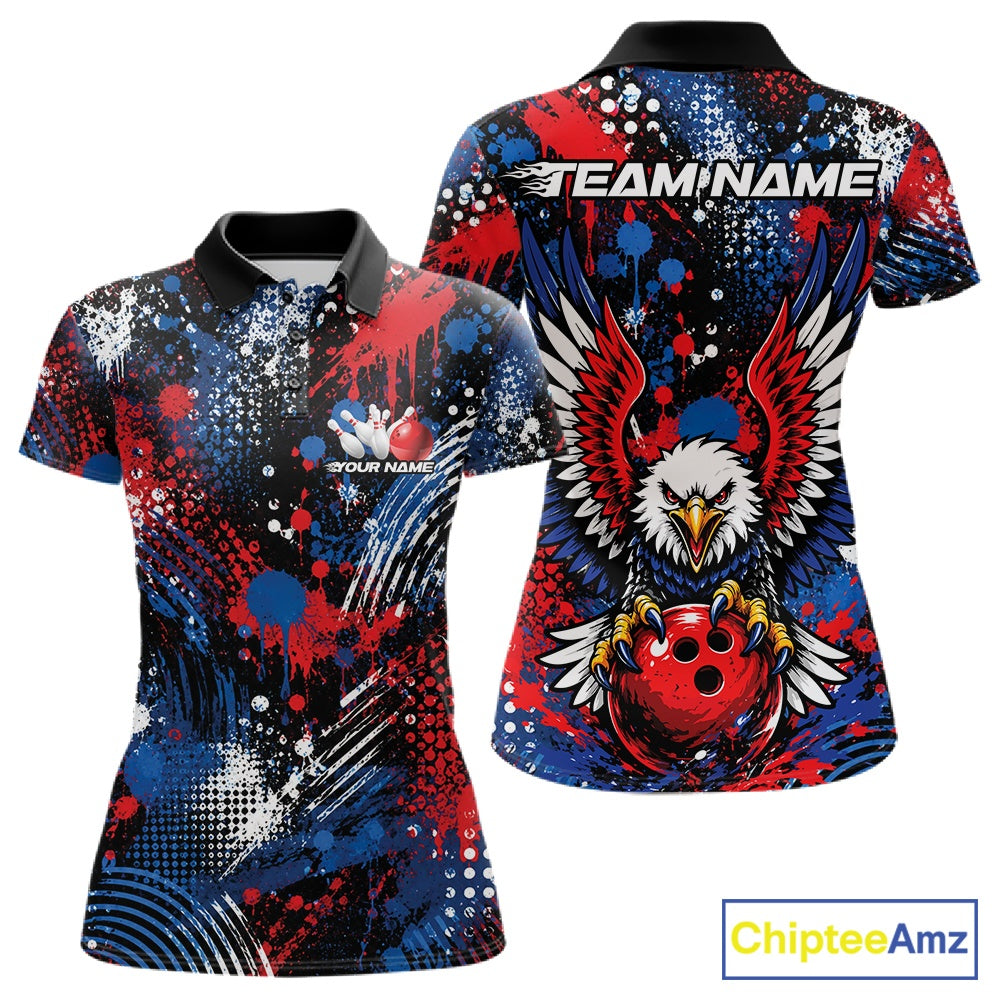 Custom red, white, and blue patriotic eagle women's bowling polo shirt with paint splatter graphics showing front and back views