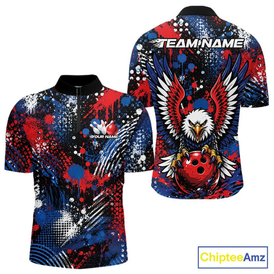 Custom red white blue splatter patriotic eagle bowling men quarter-zip shirt front and back design.
