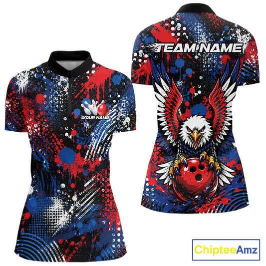 Front and back views of a bowling quarter zip shirt with red, blue, white, and black splatter graphics, bowling pins on the chest, and an eagle gripping a red bowling ball on the back.