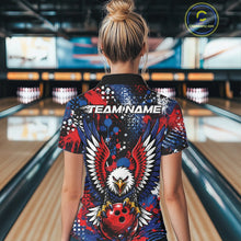 Load image into Gallery viewer, Back view of a woman in a bowling alley wearing a custom team jersey with red, blue, white, and black splatter graphics, “TEAM NAME” text, and a large eagle clutching a red bowling ball.