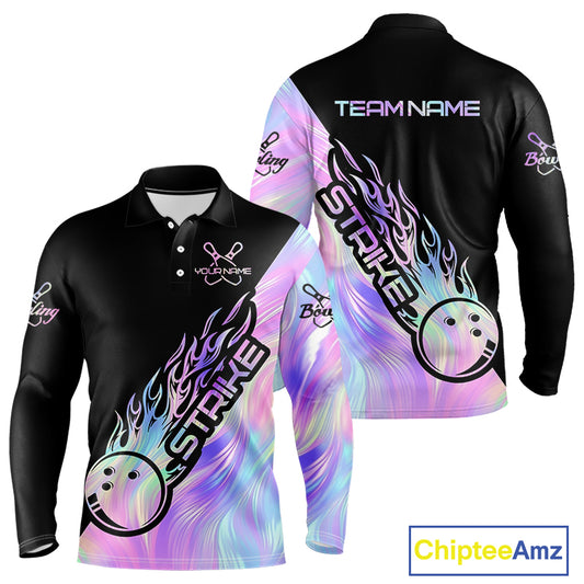 Strike Bowling Long Sleeve Polo Shirts For Men, Custom Hologram Bowling Team Shirts Bowler Outfit IPHW5242
