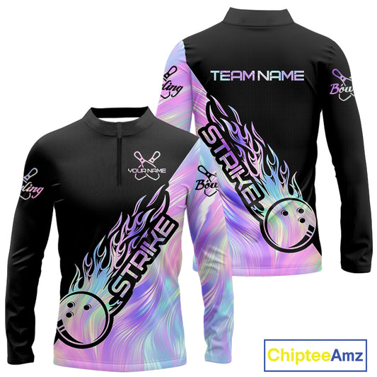 Strike Bowling Women Long Sleeve Quarter-Zip Shirts, Custom Hologram Bowling Team Shirts IPHW5242