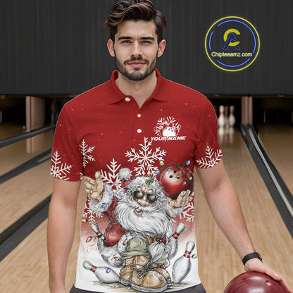 Custom Funny Santa Claus Christmas Bowling Men Polo Shirts, Xmas Bowling Team Shirt IPHW10108