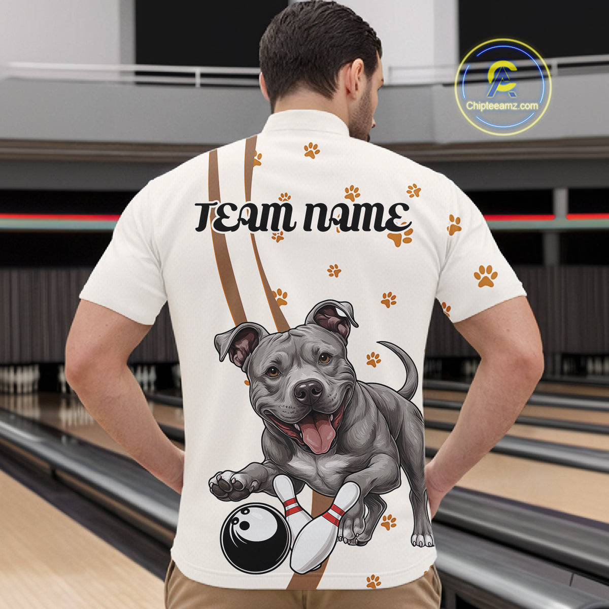 Custom Funny Pitbull Dog Bowling Men Quarter-Zip Shirts, Dog Paw Print Bowler Outfit IPHW10249