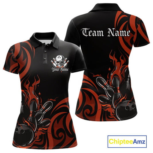 Custom Black And Orange Tribal Flame Bowling Women Shirt, Bowling League Shirt Team Jerseys IPHW10738