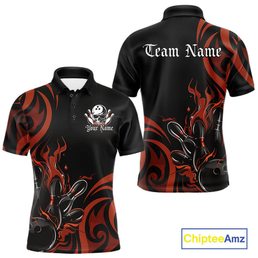 Custom Black And Orange Tribal Flame Bowling Men Shirt, Bowling League Shirt Team Jerseys IPHW10738
