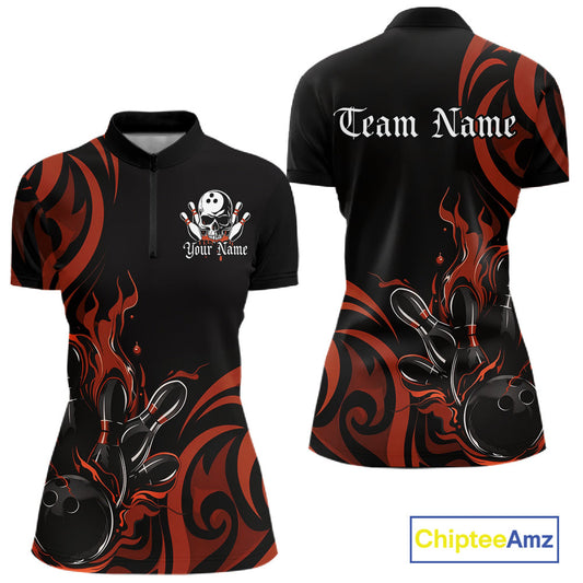 Custom Black And Orange Tribal Flame Bowling Women Shirt, Bowling League Team Jerseys IPHW10738