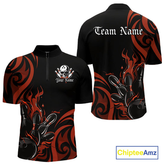 Custom Black And Orange Tribal Flame Bowling Men Shirt, Bowling League Shirt Team Jerseys IPHW10738