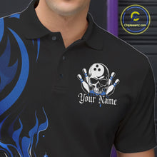 Load image into Gallery viewer, Custom Black And Blue Tribal Flame Bowling Men Shirt, Bowling League Shirt Team Jerseys IPHW10740
