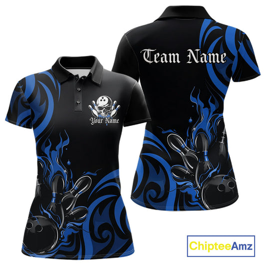 Custom Black And Blue Tribal Flame Bowling Women Shirt, Bowling League Shirt Team Jerseys IPHW10740