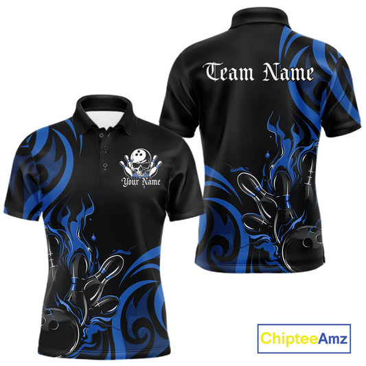 Custom Black And Blue Tribal Flame Bowling Men Shirt, Bowling League Shirt Team Jerseys IPHW10740